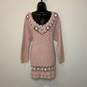 Blush Pink Hand Knit Crochet Grandmacore Floral Dress Size Medium LSF Vibes